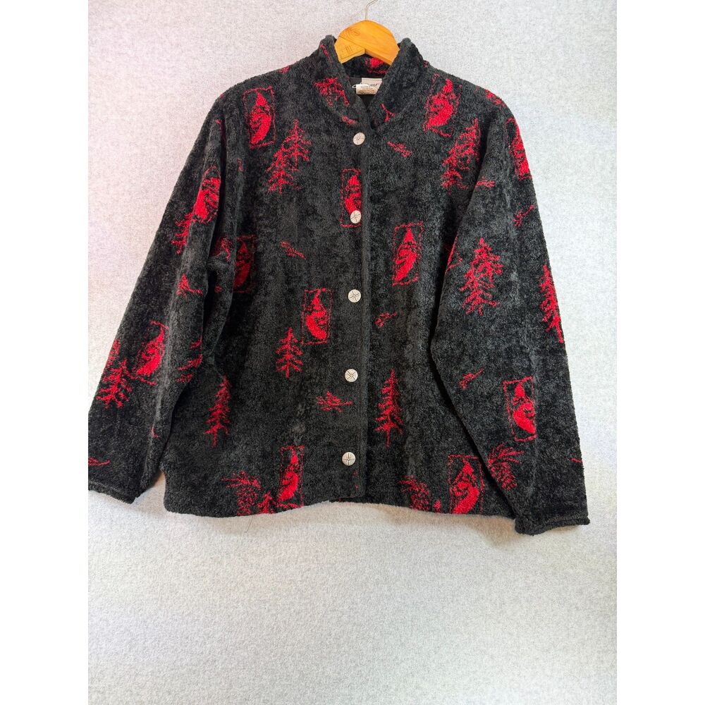 Vintage Artisans Black Red Wildlife Fuzzy Button Jacket Made USA XL Bin D